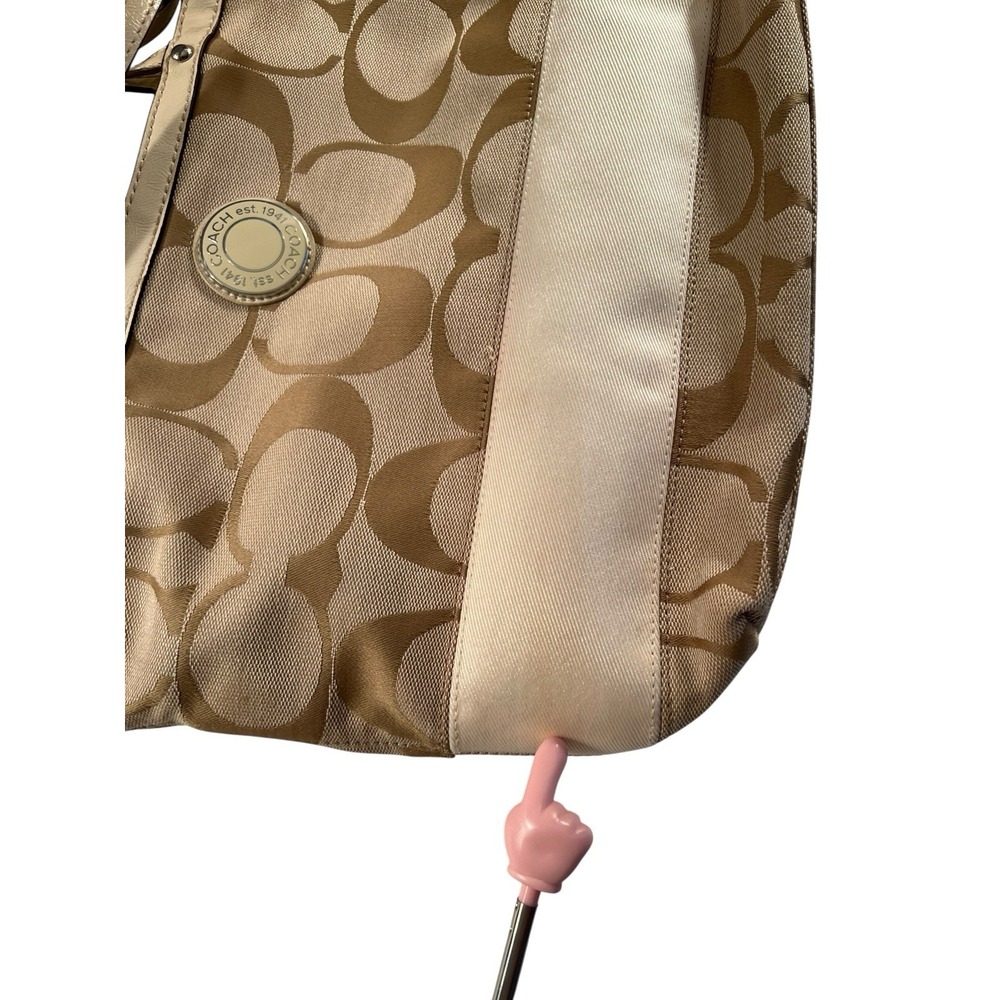 COACH Signature Stripe Canvas Shoulder Bag Purse Handbag‎ Creme Ivory Tan F19046 - Picture 7 of 10